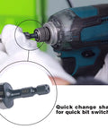 M2 HSS Quick Change Step Drill Bits Set being installed, showing quick change shank feature on a black and blue drill