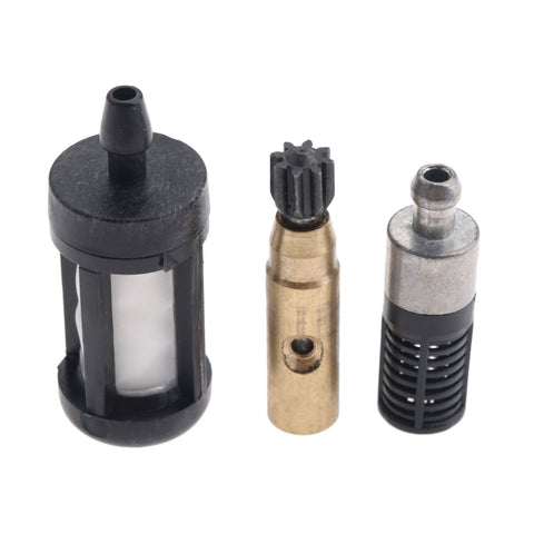 Six Piece Oil Pump Worm Gear Kit With Oil Line Filters And Fuel Hose For Chainsaws Compatible With MS180 MS170 170 180 018 017 Replacement Parts Durable Fit And Easy Install For Quick Chainsaw Maintenance components displayed