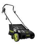 15 Inch Electric Lawn Dethatcher With Scarifier Blade Reel And Collection Bag For Grass Thatch Removal Powered By A 13 Amp Corded Yard Power Rake Tool Built For No Fuss Cleanups And Greener Lawn Care AJ805E, front view.