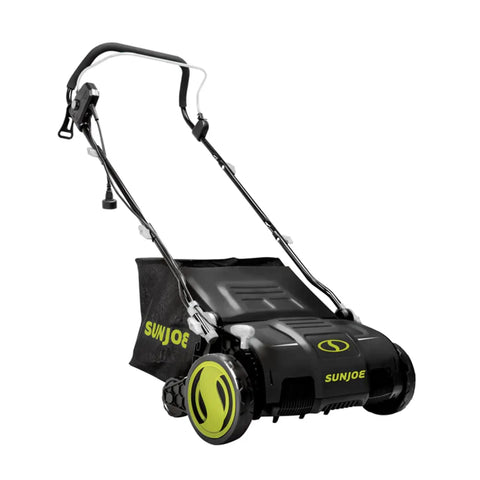 15 Inch Electric Lawn Dethatcher With Scarifier Blade Reel And Collection Bag For Grass Thatch Removal Powered By A 13 Amp Corded Yard Power Rake Tool Built For No Fuss Cleanups And Greener Lawn Care AJ805E, front view.