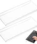 Two Pack Tilted Keyboard Stand In Clear Acrylic For Ergonomic Typing shown with keyboard, Keyboard Riser And Tray Holder For Your Desk