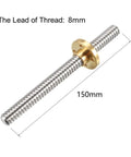 Two Pack T8 Lead Screws 150mm Long 8mm Diameter Stainless Steel Threaded Rod With Copper Nut Trapezoidal Thread For 3D Printer
