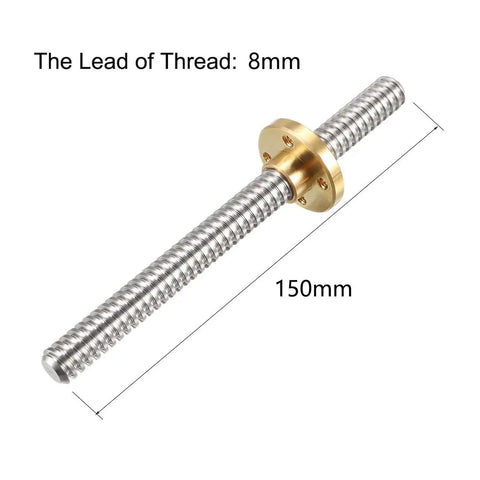 Two Pack T8 Lead Screws 150mm Long 8mm Diameter Stainless Steel Threaded Rod With Copper Nut Trapezoidal Thread For 3D Printer