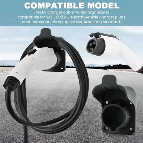Premium Wall Mount EV Charger Holder Built For SAE J1772 AC Charging Cable Setup showcasing charging plug and cable attachment.