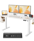 Next Level Electric Height Adjustable Desk With Memory Remote Ergonomic sit stand table, 140x60 cm, white finish with dual monitors.