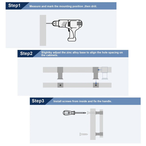 Level Up Your Home Game With This 5 Pack Of 5 Inch Center To Center Acrylic Cabinet Handles And Super Sleek Polished Chrome Drawer Pulls For Kitchens And Dressers installation steps showing drilling, alignment, and fastening process.