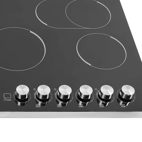 Quick Cookin' Electric Ceramic Cooktop With Five Adjustable Burners Infrared Stove Top controlling dials and smooth glass surface.