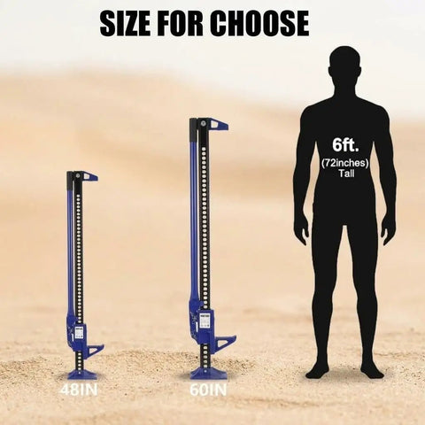 Comparison of 48-inch and 60-inch blue ratchet jacks next to a 6ft silhouette, showcasing size options for off-road use.