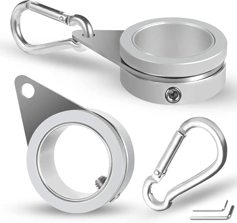 Heavy Duty Flag Pole Rings For One Inch Poles With 360 Degree Swivel Clips And Foolproof Anti Wrap Design. Two silver clips.