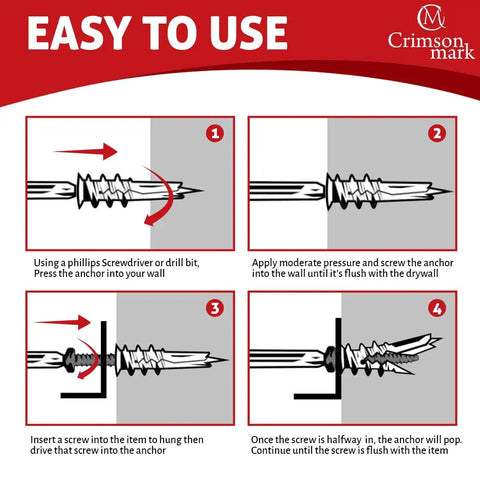 Illustrative guide showing how to use Hella Heavy Duty Drywall Anchors And Screws Kit 20 Pack for easy installation.