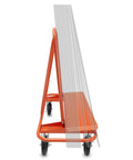 Heavy Duty Drywall Sheet Cart And Panel Dolly Equipped With Four Swivel Casters Rock Solid Orange Steel Platform with drywall sheets.