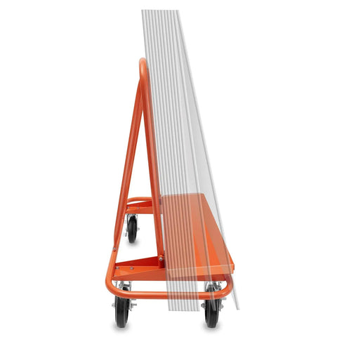 Heavy Duty Drywall Sheet Cart And Panel Dolly Equipped With Four Swivel Casters Rock Solid Orange Steel Platform with drywall sheets.