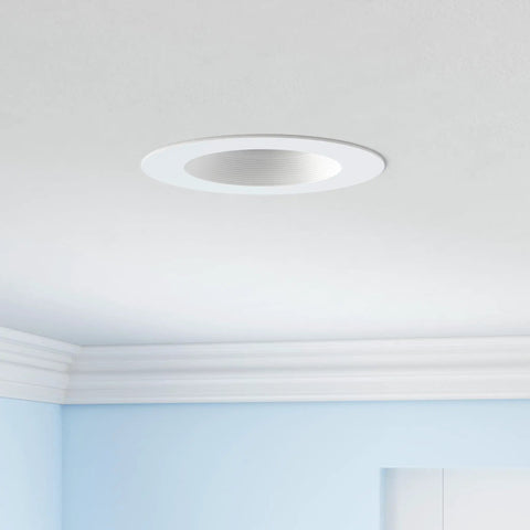 6 Inch Retrofit LED Recessed Downlights with Baffle Trim installed in ceiling, 965 Lumens, 13W, 120 Watt Equivalent, 3000K Warm White, Dimmable