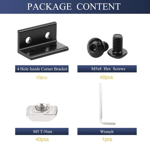 Package contents showing 10 pcs 4 hole inside corner bracket kit for 2040 aluminum extrusion with 6mm slot 90 degree L bracket