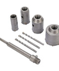 Ditch The Slow Drilling And Grab This Super Cool 5 Pcs Concrete Hole Saw Kit Made With Tough Tungsten Steel. It Has Smart Ventilation Holes For Fast Chip Removal So You Can Slice Through Brick, Cement Or Wall Like A Boss. Perfect For HVAC, Plumbing And. 5-piece tungsten steel concrete hole saw kit with pilot bits and arbor, shown on white background