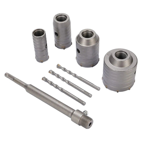 Ditch The Slow Drilling And Grab This Super Cool 5 Pcs Concrete Hole Saw Kit Made With Tough Tungsten Steel. It Has Smart Ventilation Holes For Fast Chip Removal So You Can Slice Through Brick, Cement Or Wall Like A Boss. Perfect For HVAC, Plumbing And. 5-piece tungsten steel concrete hole saw kit with pilot bits and arbor, shown on white background