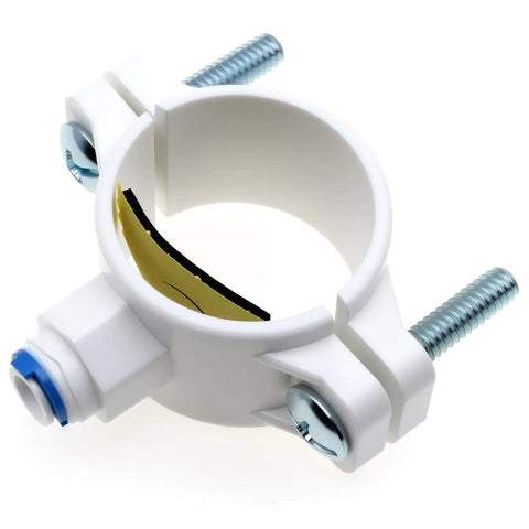 White drain saddle valve quarter inch quick connect hose pipe adapter for reverse osmosis system, DIY clamp-on, leak proof POM.