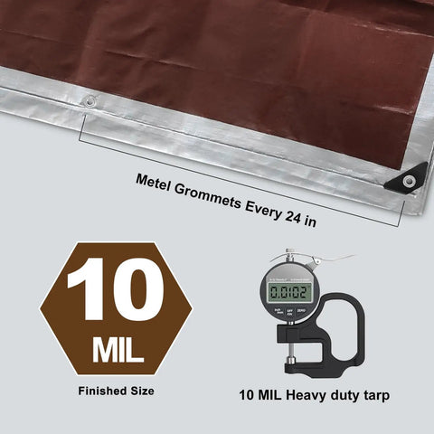 Heavy Duty Waterproof Tarp 10x12 Feet Ten Mil Poly Shelter For Roof And Outdoor Use showing grommets and thickness gauge