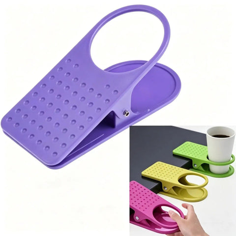 Must Have Durable Drink Cup Clip For Tabletops Rugged Tabletop Holder in purple with anti slip grip dots and coffee cup setup