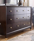 4 Piece Mid Century Modern Solid Brass Cabinet Knob Set For Drawers And Jewelry Boxes on dark wood dresser