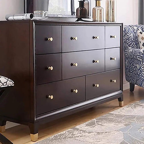 4 Piece Mid Century Modern Solid Brass Cabinet Knob Set For Drawers And Jewelry Boxes on dark wood dresser