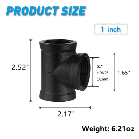 Heavy Duty 1 Inch Black Threaded Tee Fittings 10 Pack DN25 Internal Thread Cast Malleable Iron dimensions and weight