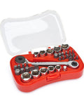 Microdriver Set For Tight Spaces With Six Degree Arc And Fifteen Degree Offset For Knuckle Clearance Reversible Quarter Inch Micro Driver Includes Quarter Inch Adapter And Five Piece Six Point Metric Socket Set in red case