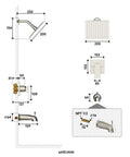 Diagram showing dimensions of Tub and Shower Faucet Set with Pressure Balance Valve, 8 Inch Rain Shower Head, Tub Spout in Gold Finish.