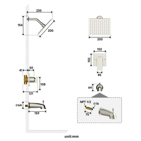 Diagram showing dimensions of Tub and Shower Faucet Set with Pressure Balance Valve, 8 Inch Rain Shower Head, Tub Spout in Gold Finish.