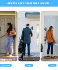 Three doors with No Drill Anti Theft Doorbell Mount With Rain Cover For Video Doorbell Cameras, shown in different settings with people.