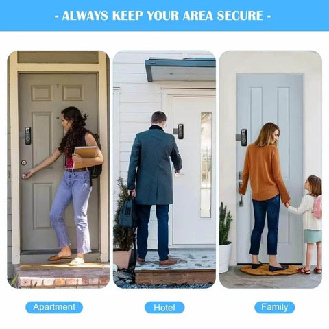 Three doors with No Drill Anti Theft Doorbell Mount With Rain Cover For Video Doorbell Cameras, shown in different settings with people.