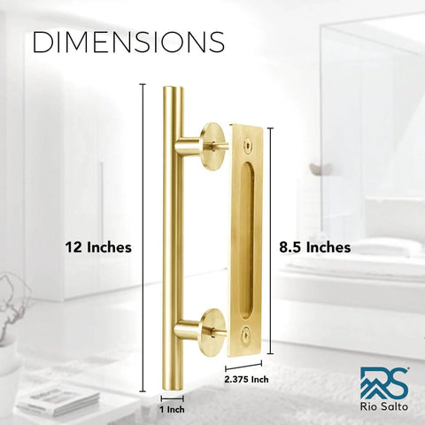Brushed Brass Gold Barn Door Hardware Kit No Fuss With 72 Inch Track System For Single Door, Heavy Duty Rail With Rollers
