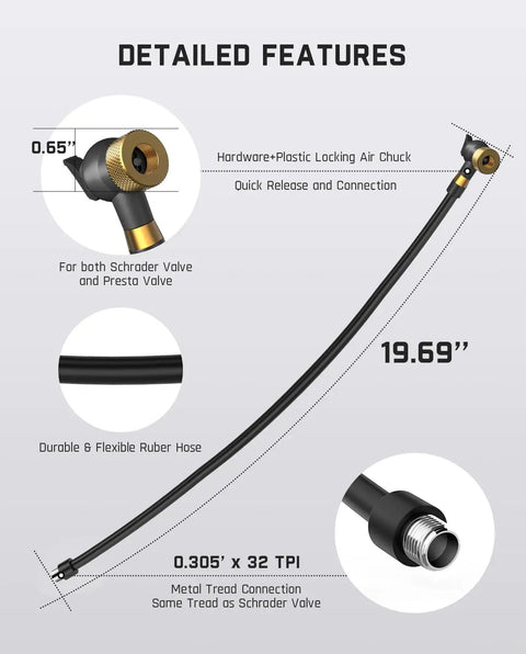Detailed view of Universal Tire Inflator Extension Hose and Dual Valve Adapter, 19.69 inches, durable rubber, for Schrader and Presta valves.