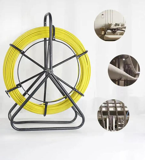 Yellow fiberglass fish tape wire cable puller rod duct rodder 6mm 328ft with steel bracket, ideal for cable laying and easy drag