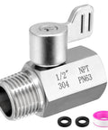 Rock Solid 304 Stainless Steel Shower Head Shut Off Valve With Half Inch Female To Male Npt Threads, showing no-drip lever and threads.