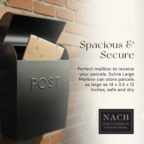 Extra Large Outdoor Wall Mount Mailbox Black Waterproof Parcel Box 15.07 By 12.44 By 5.39 Inches on brick wall with mail inside