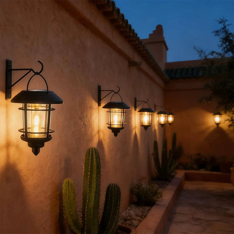 2 Pack Solar Lanterns For Outdoor Spaces With Wall Mount And Hanging Options, Warm White Edison Bulb Lights on patio wall