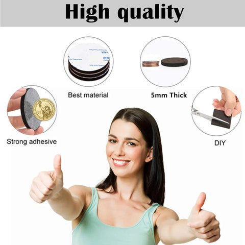 Woman giving thumbs up with Premium Felt Furniture Pad Set, 136 Pieces, 5mm Thick Floor Protectors, adhesive, DIY use shown.