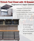 72 Inch Stainless Steel Rolling Tool Chest With 15 Drawers And 3 Upper Cabinets, Mobile Workbench On Wheels, Lockable Storage Cabinet With Pegboard And Solid Wood Top For Pro Grade Tool Organization, open upper cabinets