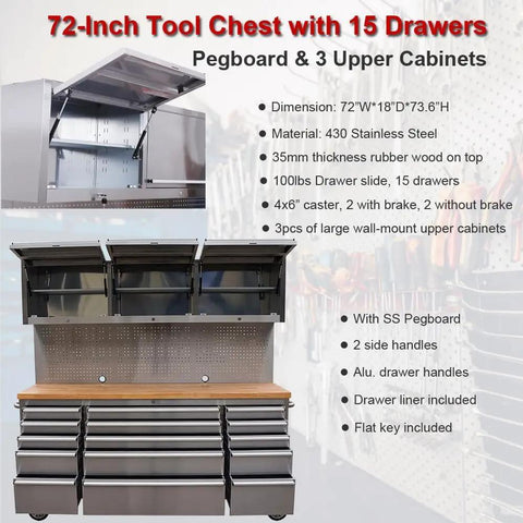 72 Inch Stainless Steel Rolling Tool Chest With 15 Drawers And 3 Upper Cabinets, Mobile Workbench On Wheels, Lockable Storage Cabinet With Pegboard And Solid Wood Top For Pro Grade Tool Organization, open upper cabinets