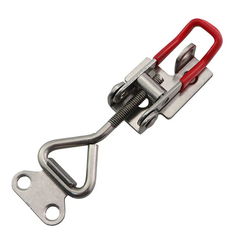 Beefy Four Pack 304 Stainless Steel Quick Clamp Locking Clips Latches Adjustable Buckles for cabinets and storage, close-up view