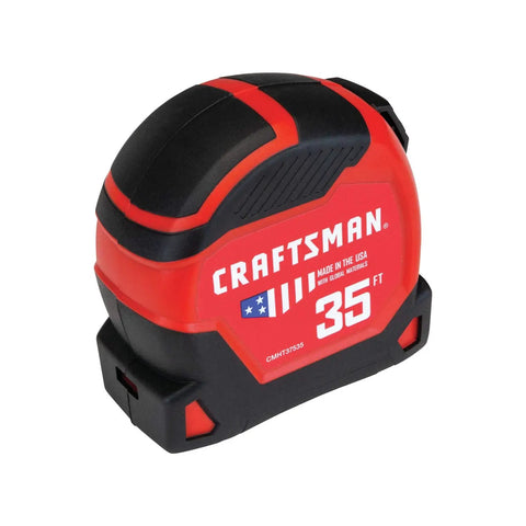 Pro 10 Foot Tape Measure With 25 Foot Tape Extra Large Readable Font Durable Rubber Overmold Grip Multi Catch Hook For Top Or Bottom Grab Ideal For Solo Jobs And Long Measurements Built For Tough Jobs, Craftsman 35 ft in red casing with black grip.