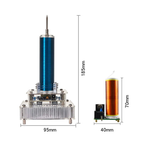 Music Tesla Coil Desktop Ornament With Three Arc Effects Lightning Maker Kit Bundle Includes Two Tiny DIY Tesla Coil Kits Blue Silver Gift For Science Lovers STEM Toy, showing dimensions of main coil and mini kit.