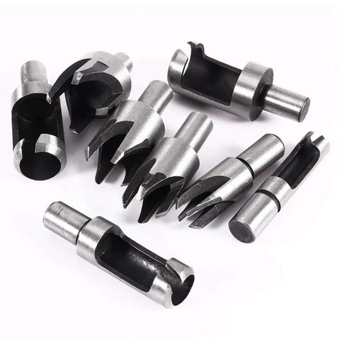 Built Tough Heavy Duty Eight Piece Wood Plug Cutter Set Forged From Premium Carbon Steel To Knock Out Screw Holes and Restore Furniture Fast features precision cutters for smooth finishes.