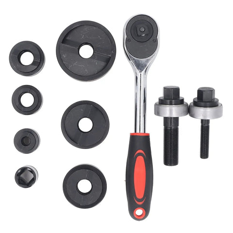Knockout Punch Set With Six Sizes Manual Ratchet Hole Cutter Kit, includes punch sizes and ratchet handle, for metal sheets and conduit