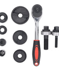 Ratchet Knockout Hole Punch Driver Kit with six dies, black steel punches, ratchet handle, and threaded cutters for conduit holes