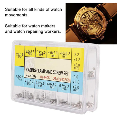 12 Size Casing Clamp And Screw Set For Watch Repair Kit With 240 Pieces Of Assorted Watch Movements Fixing Adapters