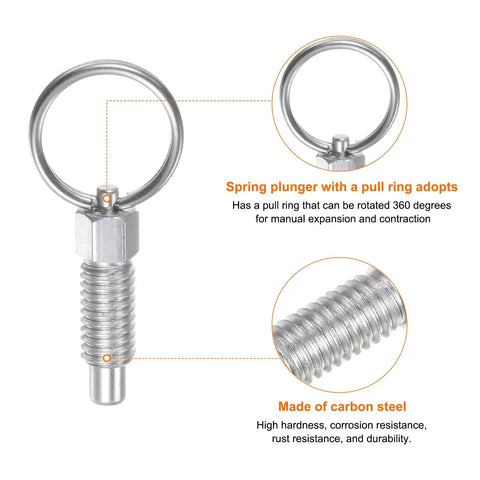 Shop Ready Rock Solid Carbon Steel Spring Plunger With Pull Ring M6x1 Thread Retractable Index Pin Flat Head Unit close-up with detailed pull ring.