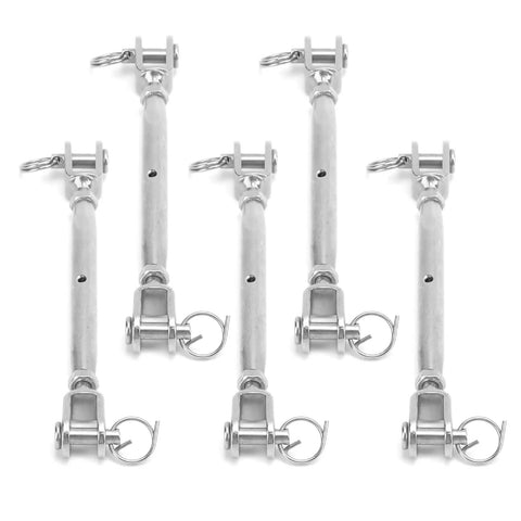 Five stainless steel turnbuckle hooks with anti-theft design and easy tension control for hammocks, balconies, and outdoor projects.