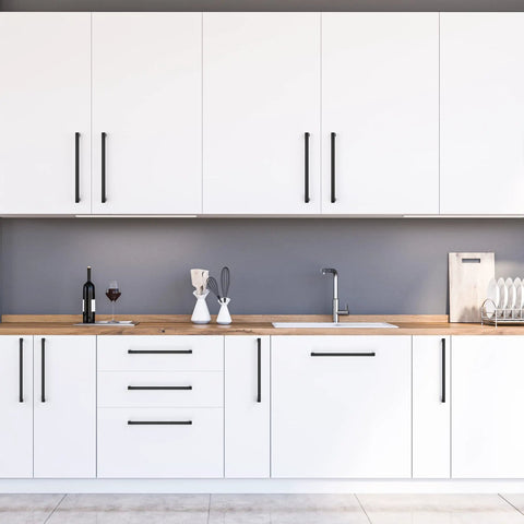 Modern kitchen with white cabinets featuring Black Cabinet Pulls for Kitchen Square Stainless Steel Drawer Handles 10 Inch